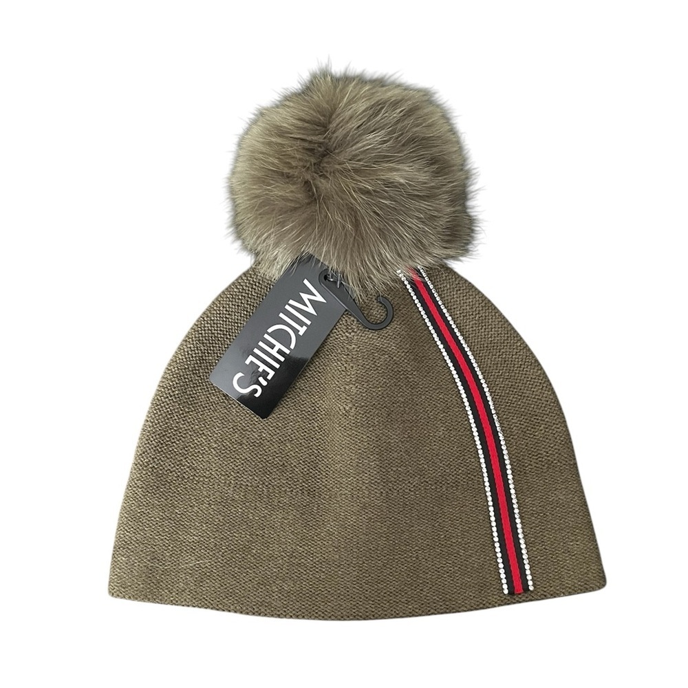 MITCHIE'S MATCHINGS Knit Beanie Fox Pom Ribbon Stripe Angora Rhinestone Khaki